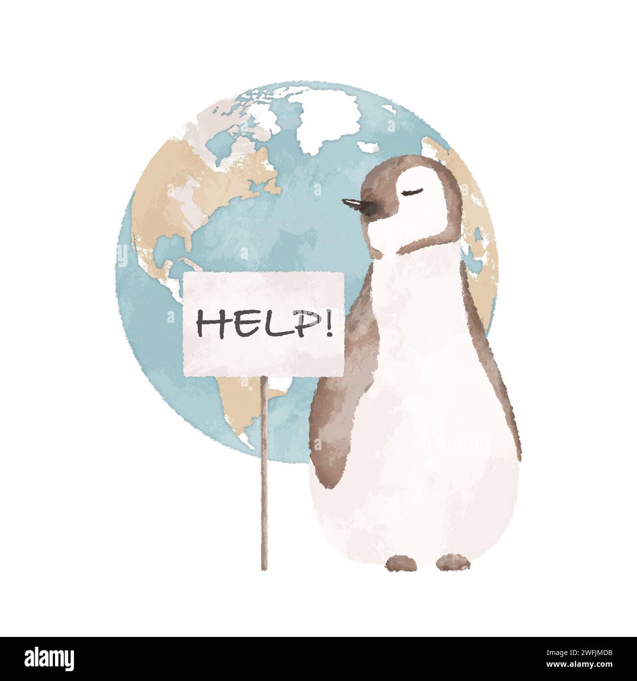 Penguin with a help sign and planet Earth illustration. Global warming concept. Climate change concept illustration. Stock Photo