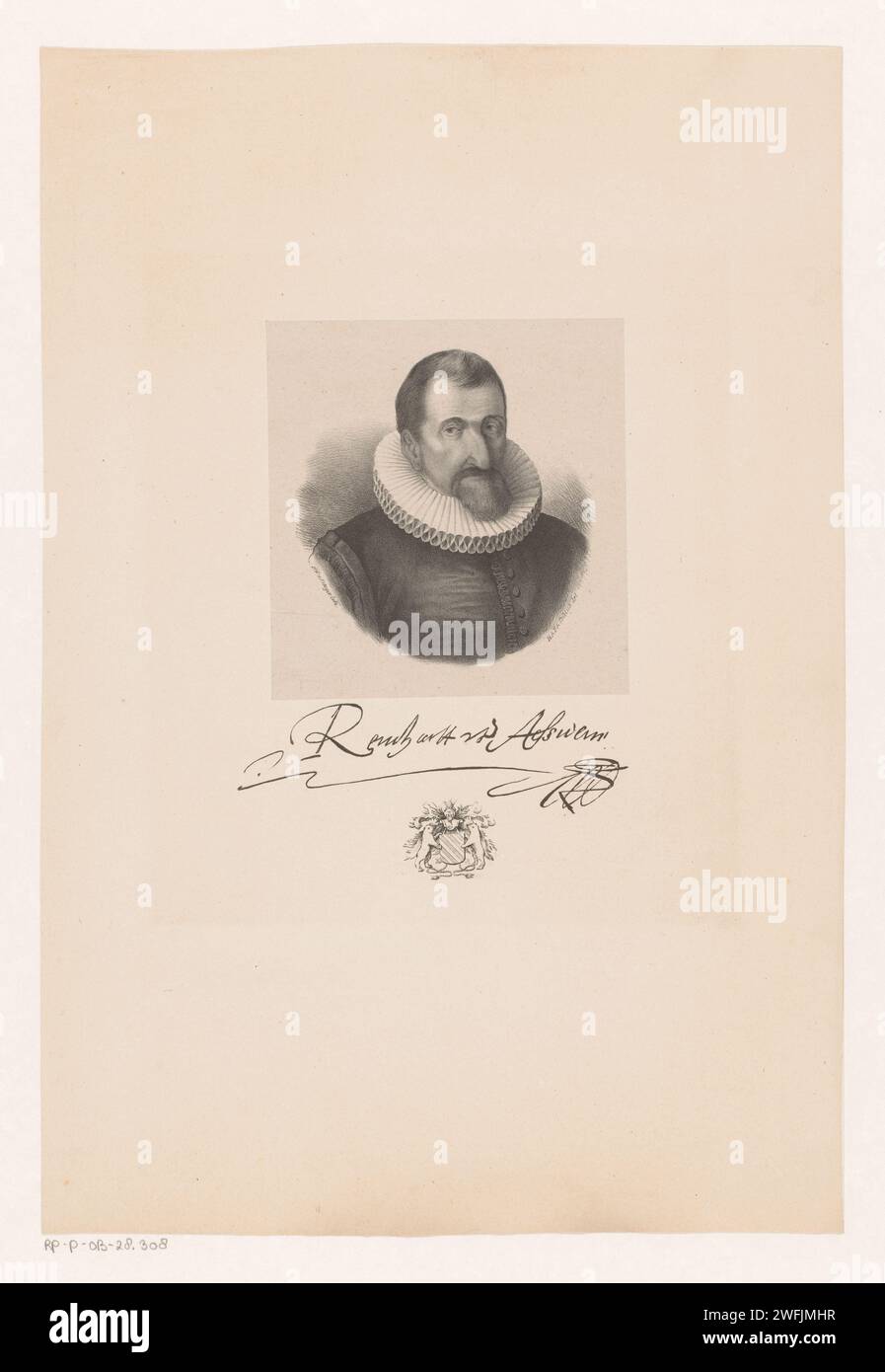 Portrait of Reinier van Aeswijn, Hendrik Anthony Frederik Agathus Gobius, 1825 - 1899 print The person portrayed is wearing a pleated question. Under the portrait are signature and a family crest. Utrecht paper.  historical persons (+ head (and shoulders) (portrait)). armorial bearing, heraldry. neck-gear  clothing (with NAME) Stock Photo