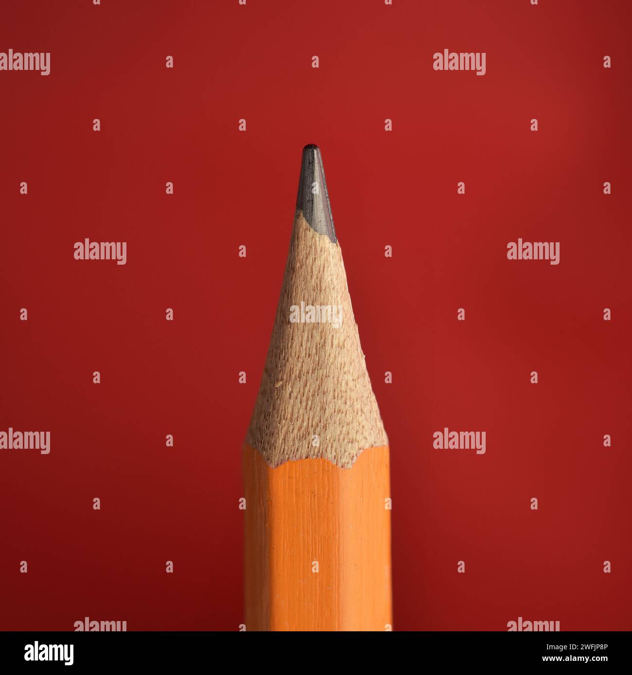 Close up photograph of a single wooden seamless pencil with details isolated on red colour background Stock Photo