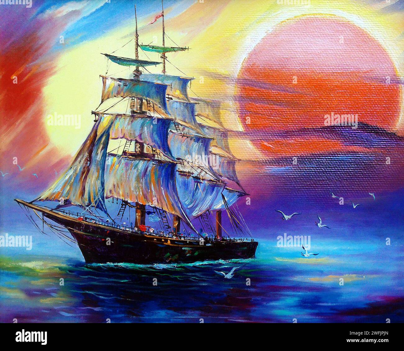 art oil painting sailboat , barque in sea from thailand Stock Photo