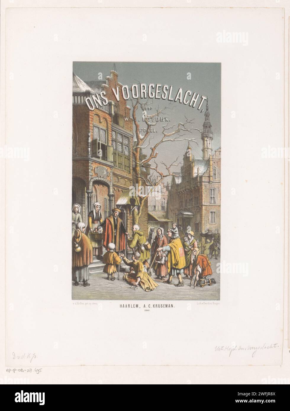 Title page for: Ons Voorglacht 5th part, David van der Kellen (1827-1895), 1863 print On the sidewalk of a house, a man hands out bread to the arms. Some of them are lame. print maker: Netherlandsprinter: Haarlempublisher: Haarlem paper  giving alms or other charity, e.g.: handing out food. person with a physical disability Stock Photo