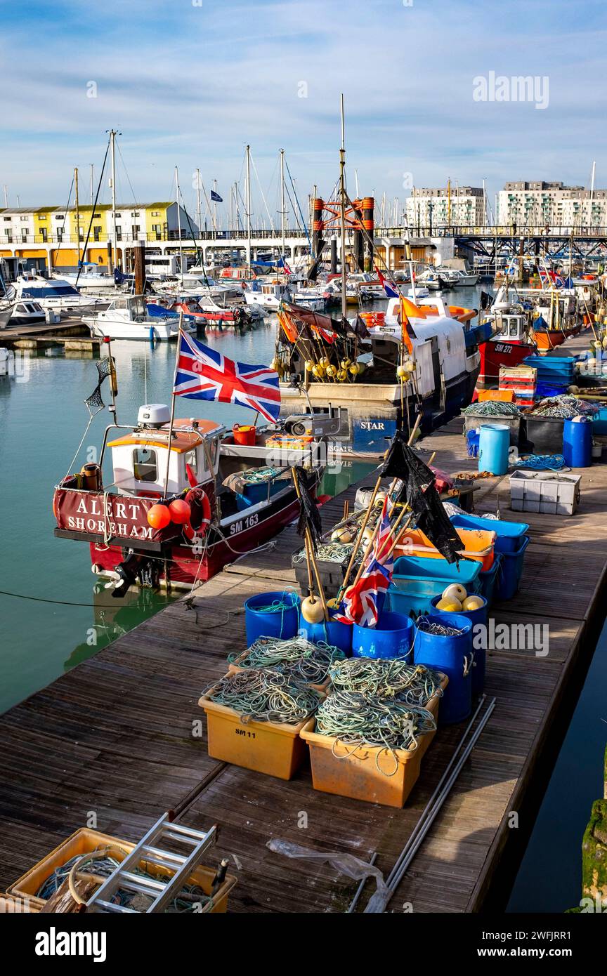 Brighton Marina fishing boats moored up in winter ,  Sussex , England UK Stock Photo