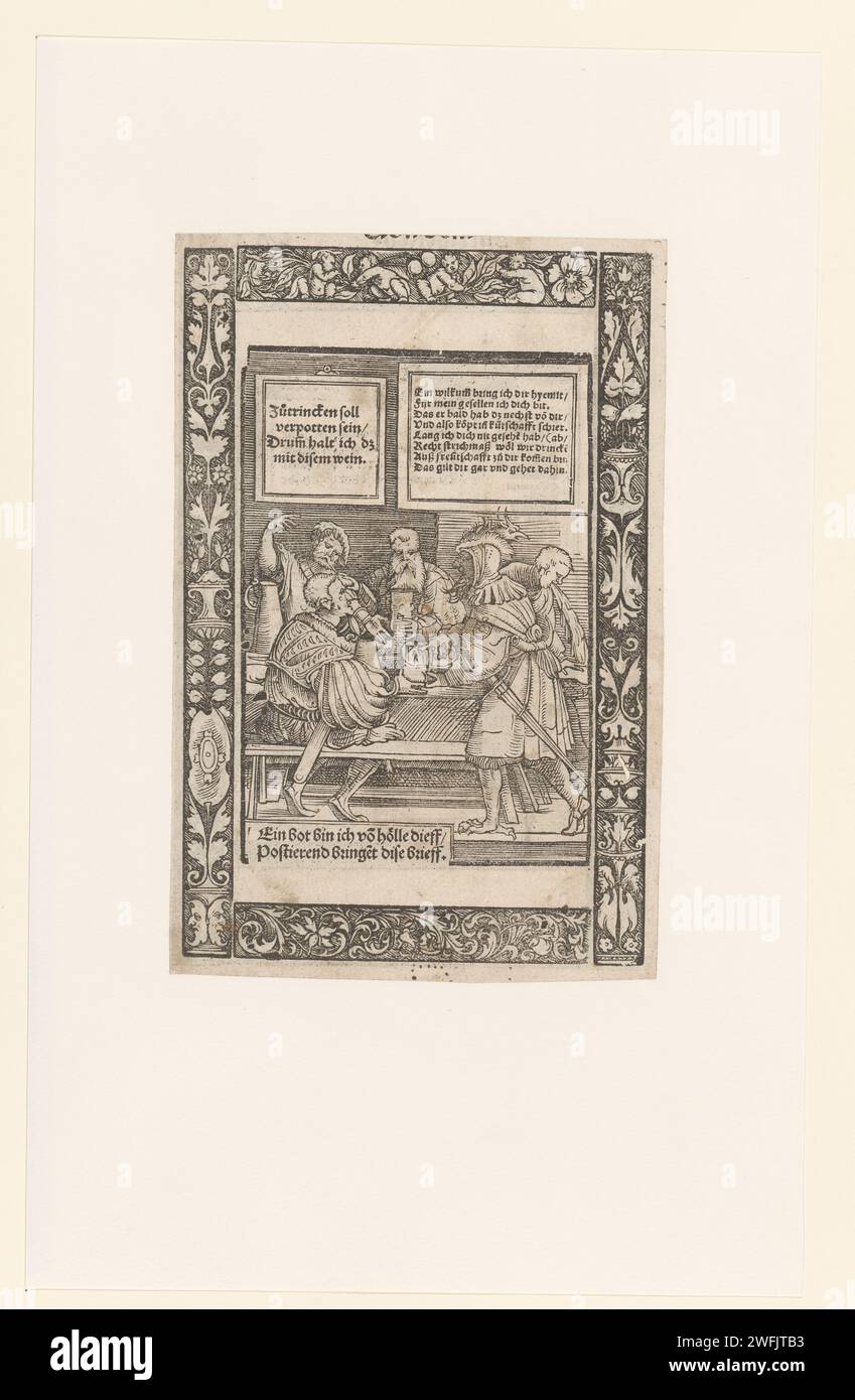 Four drinkers are disturbed by a devil with a message, Anonymous, after Jörg Breu (I), 1534 print  Augsburg paper letterpress printing drinking. inn, coffee-house, public house, etc.. devil(s) and demons. letter, envelope. violent death by hanging Stock Photo