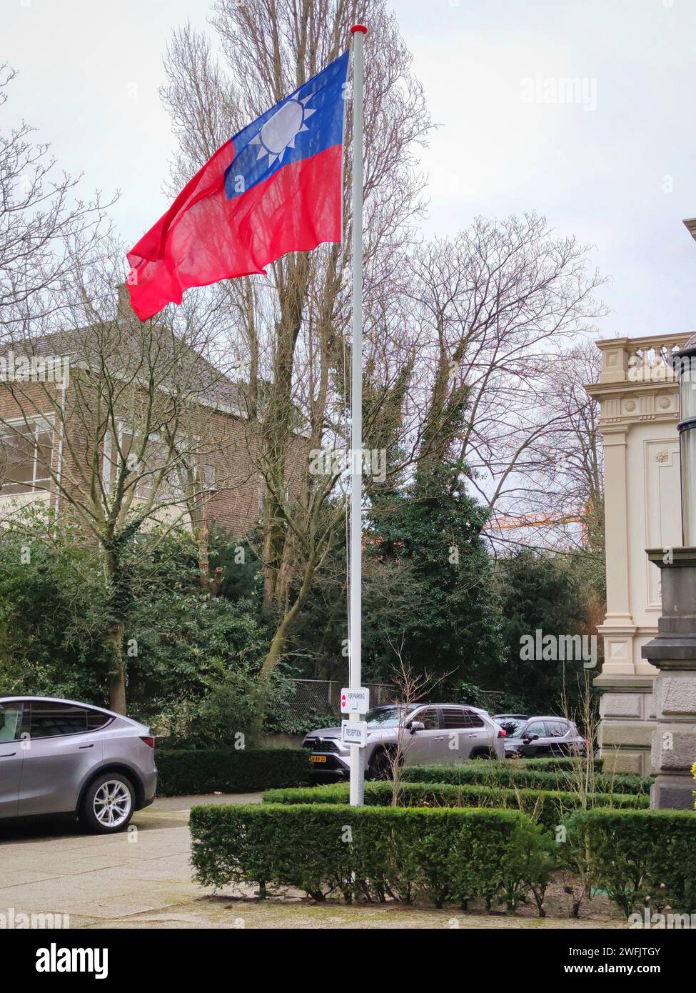 Flag of Taipei in front of Taipei Representative Office in The Hague, Netherlands Stock Photo