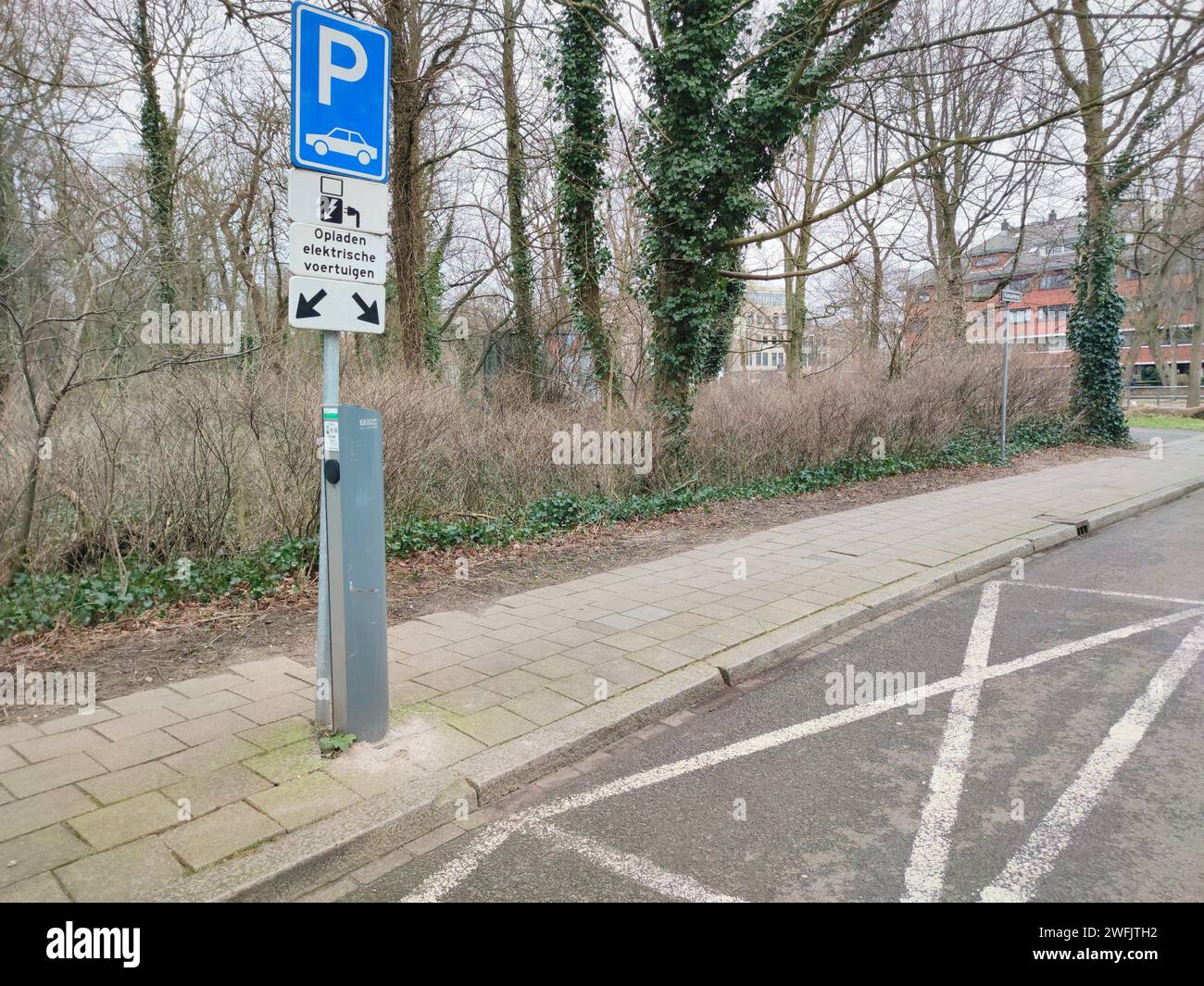 Parking lot in the city of The Hague, Netherlands where only electric cars may recharge Stock Photo