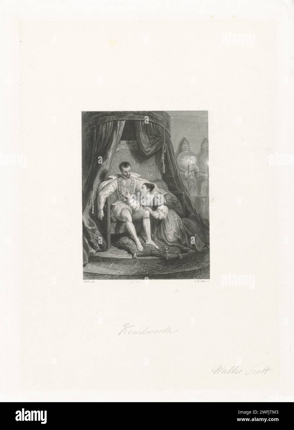 Man on a throne with a lady at his feet, Johannes de Mare, after Denis Auguste Marie Raffet, 1821 - 1889 print The characters Amy Robsart and the count of Leicester from the book Kenilworth from 1821 by Sir Walter Scott.  paper. pencil steel engraving literary characters and objects. couple of lovers. throne. canopy, baldachin Stock Photo