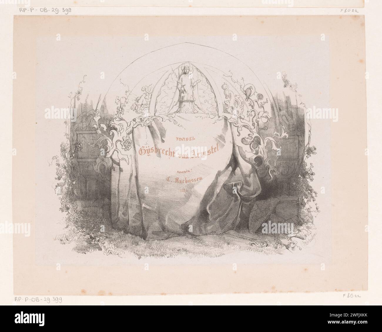 Cloth with title against Gothic background, Charles Rochussen, 1841 print  The Hague paper.  hangings and drapery Stock Photo