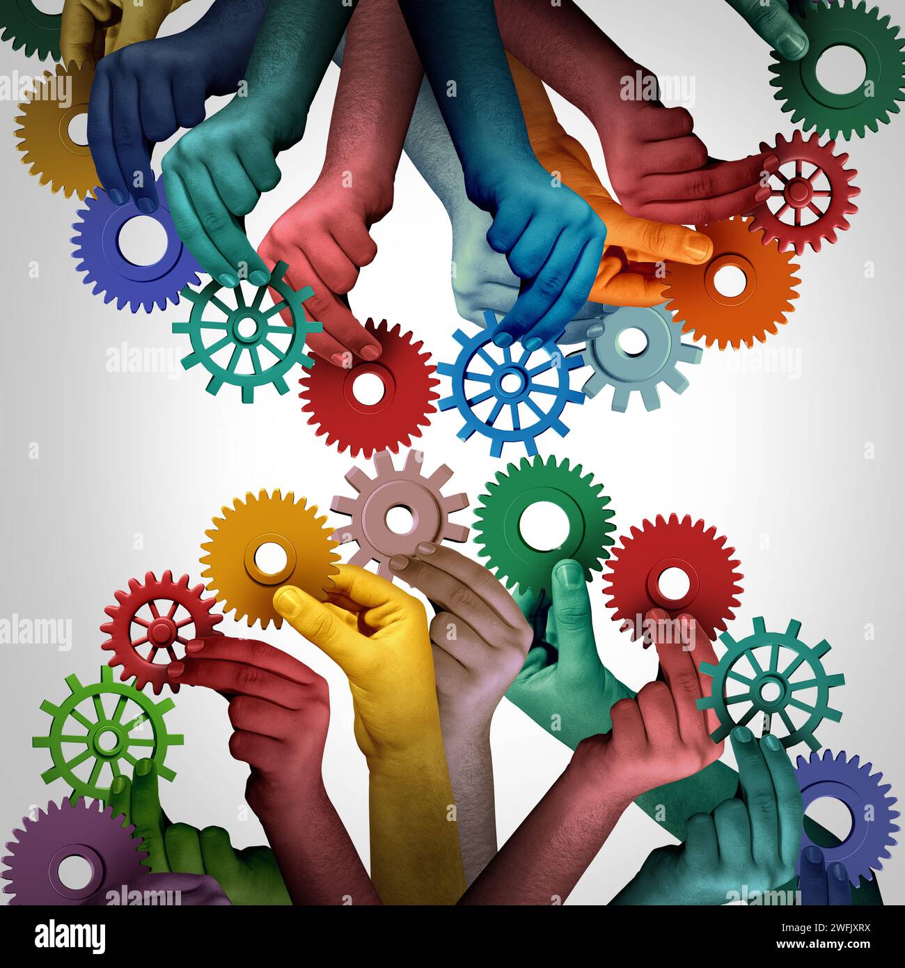 United employees and worker unity as a group of diverse people using gears and cogs to connect as a strong collaborative company working together Stock Photo