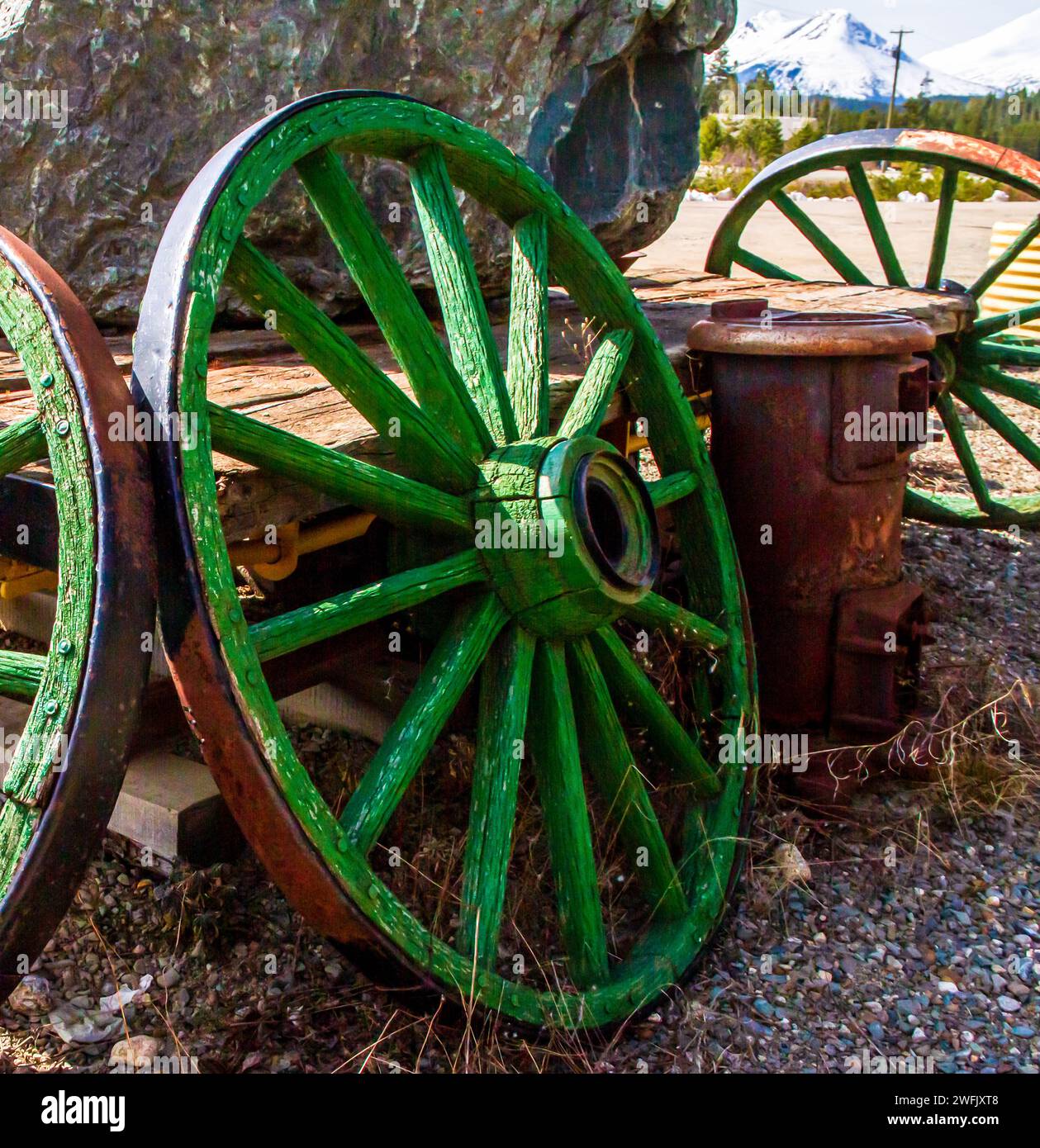 Old wagon wheels in northern Canada Stock Photo Alamy