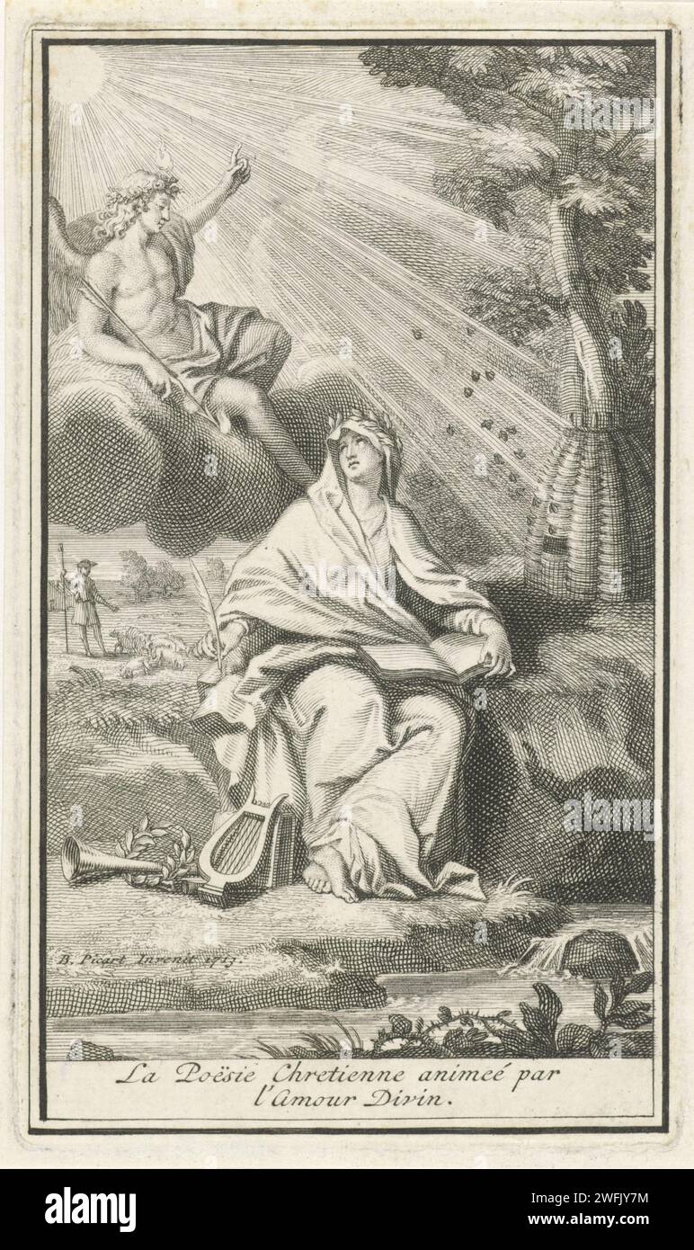 The personification of Christian poetry is inspired by Divine Love, Bernard Picart (workshop or), After Bernard Picart, 1713 print Landscape with the female personification of Christian poetry, a writing spring in hand. She looks up at the Divine Love, with a flame above her head and a burning arrow in her hand. He points her in heaven. In the background a shepherd with his herd. Amsterdam paper engraving / etching God's perfections. (personifications and symbolic representations of) Love; 'Amore (secondo Seneca)' (Ripa). symbolic representations, allegories and emblems  poetry; 'Poesia' (Rip Stock Photo