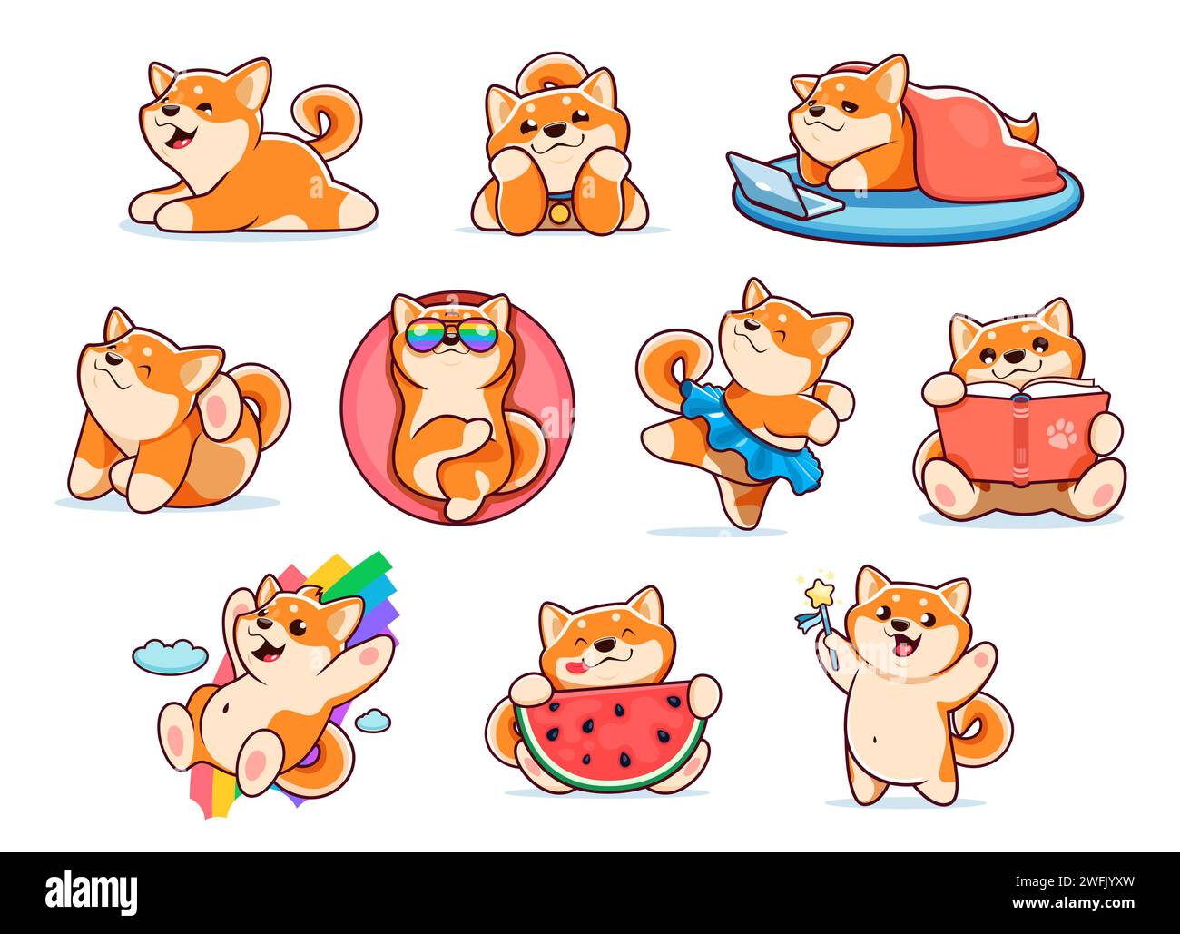 Cartoon japanese happy shiba inu dog characters, cute kawaii pet