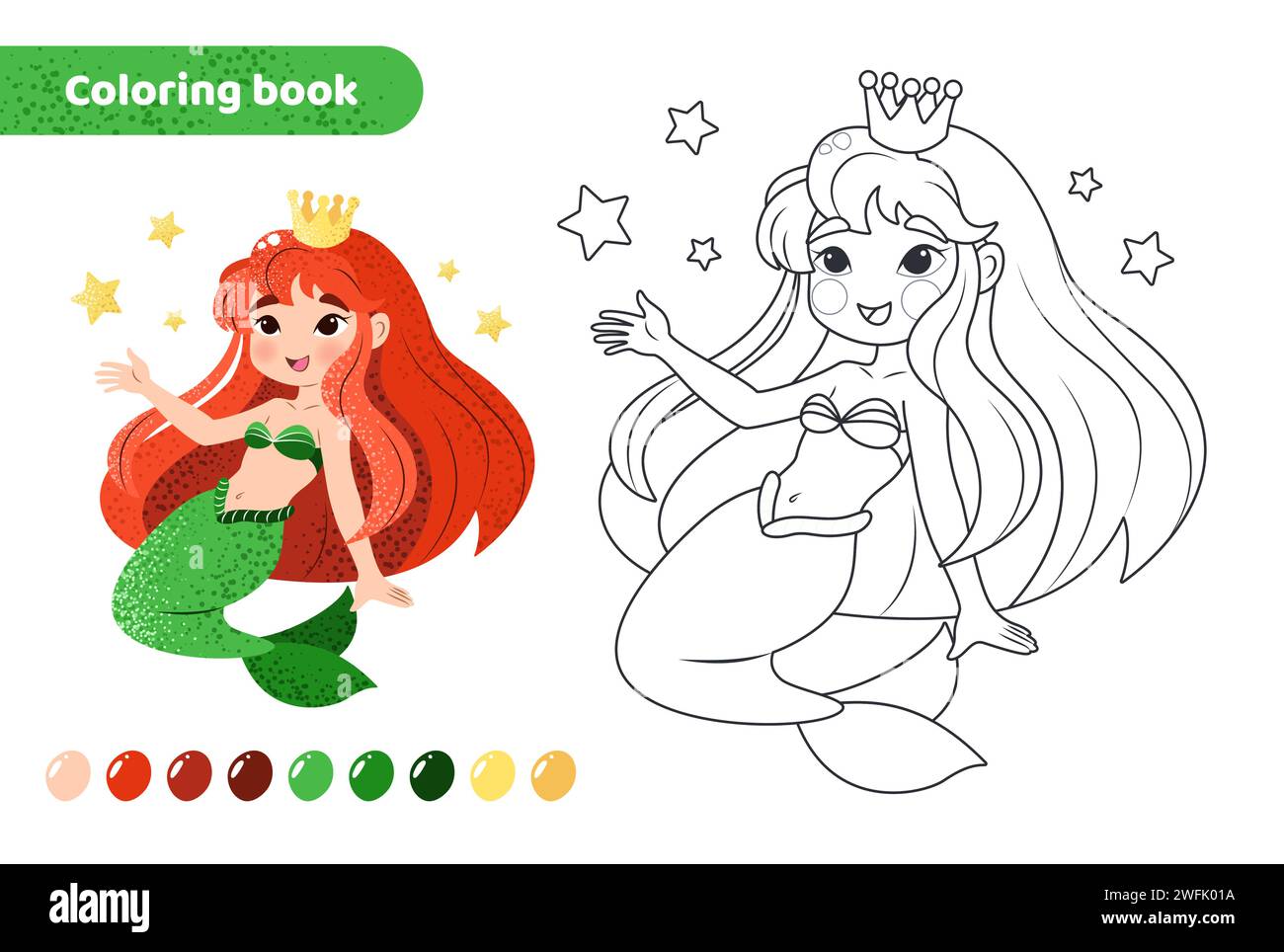Coloring book for kids. Cute mermaid with stars. Stock Vector