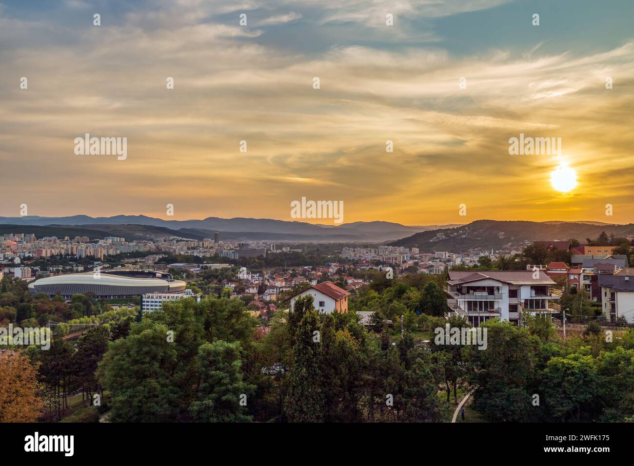 CLUJ-NAPOCA, ROMANIA - SEPTEMBER 20, 2020: Panoramic and aerial view over the city from Citadel Hill Stock Photo