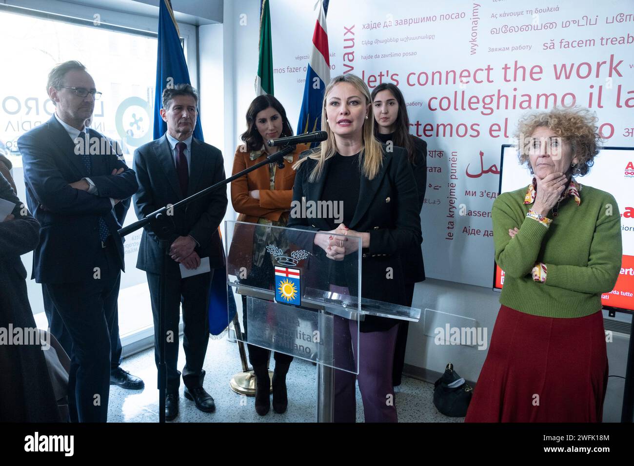 Foto Alessandro Cimma/LaPresse 31-01-2024 Milano, Italia.Via Paravia. Città metropolitana di Milano e Afol Metropolitana inaugurazione della nuova sede decentrata del Centro per l'Impiego di Milano, con Diana De Marchi, assessori Simona Tironi, Alessia Cappello, Gaia Romani e Claudio Sgaraglia Prefetto di Milano. Foto Alessandro Cimma/LaPresse 31-01-2024 Milano, Italia. Via Paravia. Città metropolitana di Milano e Afol Metropolitana inaugurazione della nuova sede decentrata del Centro per l'Impiego di Milano, con Diana De Marchi, assessori Simona Tironi, Alessia Cappello, Gaia Romani e Clau Stock Photo