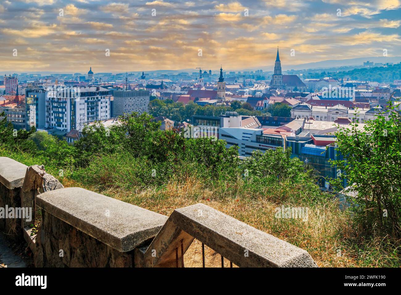 CLUJ-NAPOCA, ROMANIA - SEPTEMBER 20, 2020: Panoramic and aerial view over the city from Citadel Hill. Stock Photo