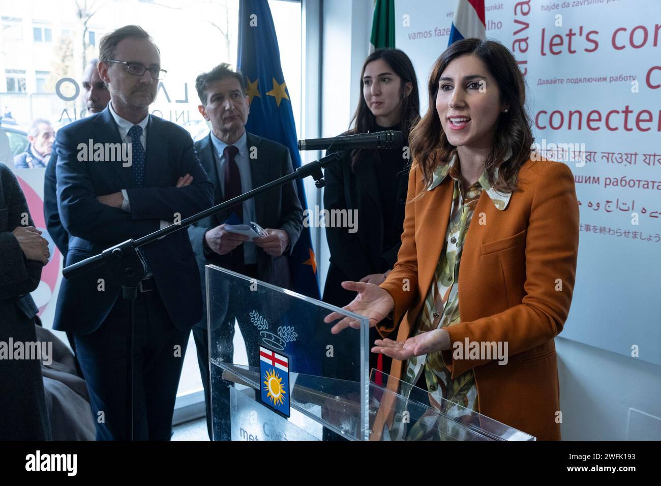 Foto Alessandro Cimma/LaPresse 31-01-2024 Milano, Italia.Via Paravia. Città metropolitana di Milano e Afol Metropolitana inaugurazione della nuova sede decentrata del Centro per l'Impiego di Milano, con Diana De Marchi, assessori Simona Tironi, Alessia Cappello, Gaia Romani e Claudio Sgaraglia Prefetto di Milano. Foto Alessandro Cimma/LaPresse 31-01-2024 Milano, Italia. Via Paravia. Città metropolitana di Milano e Afol Metropolitana inaugurazione della nuova sede decentrata del Centro per l'Impiego di Milano, con Diana De Marchi, assessori Simona Tironi, Alessia Cappello, Gaia Romani e Clau Stock Photo