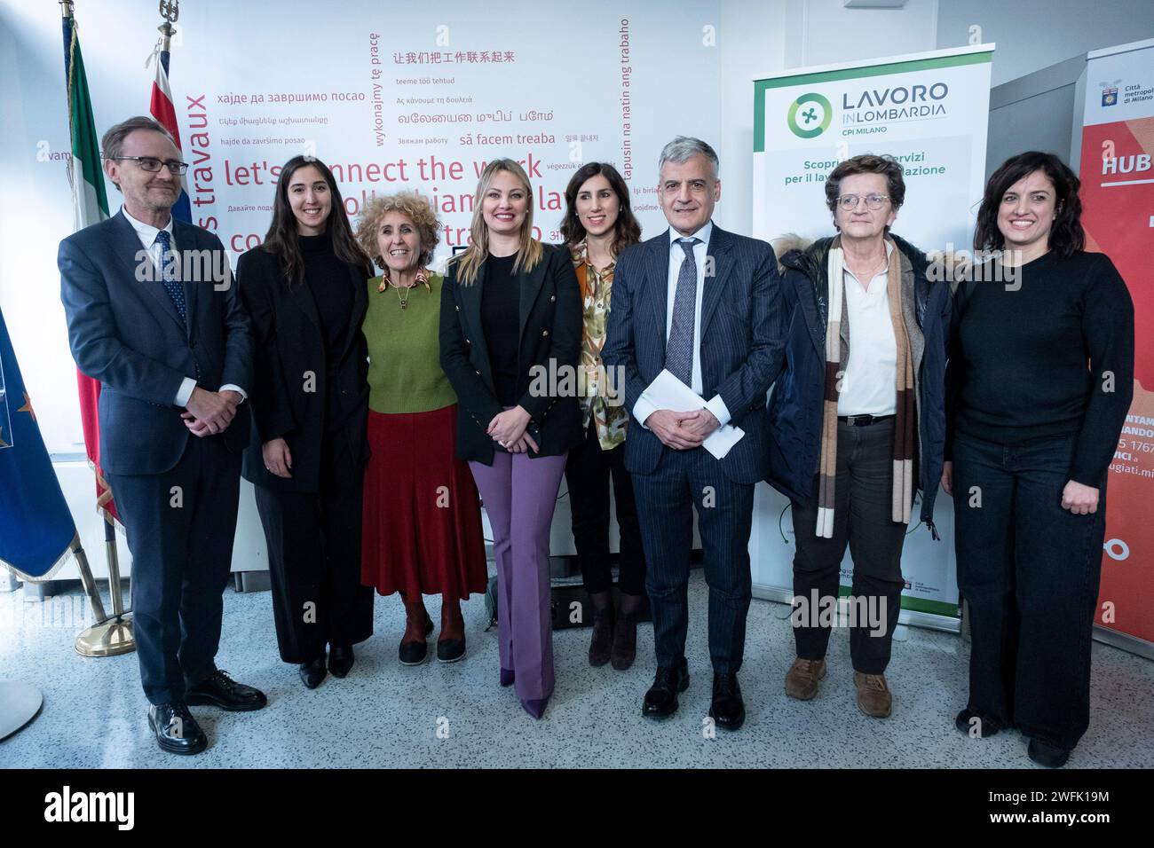 Foto Alessandro Cimma/LaPresse 31-01-2024 Milano, Italia.Via Paravia. Città metropolitana di Milano e Afol Metropolitana inaugurazione della nuova sede decentrata del Centro per l'Impiego di Milano, con Diana De Marchi, assessori Simona Tironi, Alessia Cappello, Gaia Romani e Claudio Sgaraglia Prefetto di Milano. Foto Alessandro Cimma/LaPresse 31-01-2024 Milano, Italia. Via Paravia. Città metropolitana di Milano e Afol Metropolitana inaugurazione della nuova sede decentrata del Centro per l'Impiego di Milano, con Diana De Marchi, assessori Simona Tironi, Alessia Cappello, Gaia Romani e Clau Stock Photo