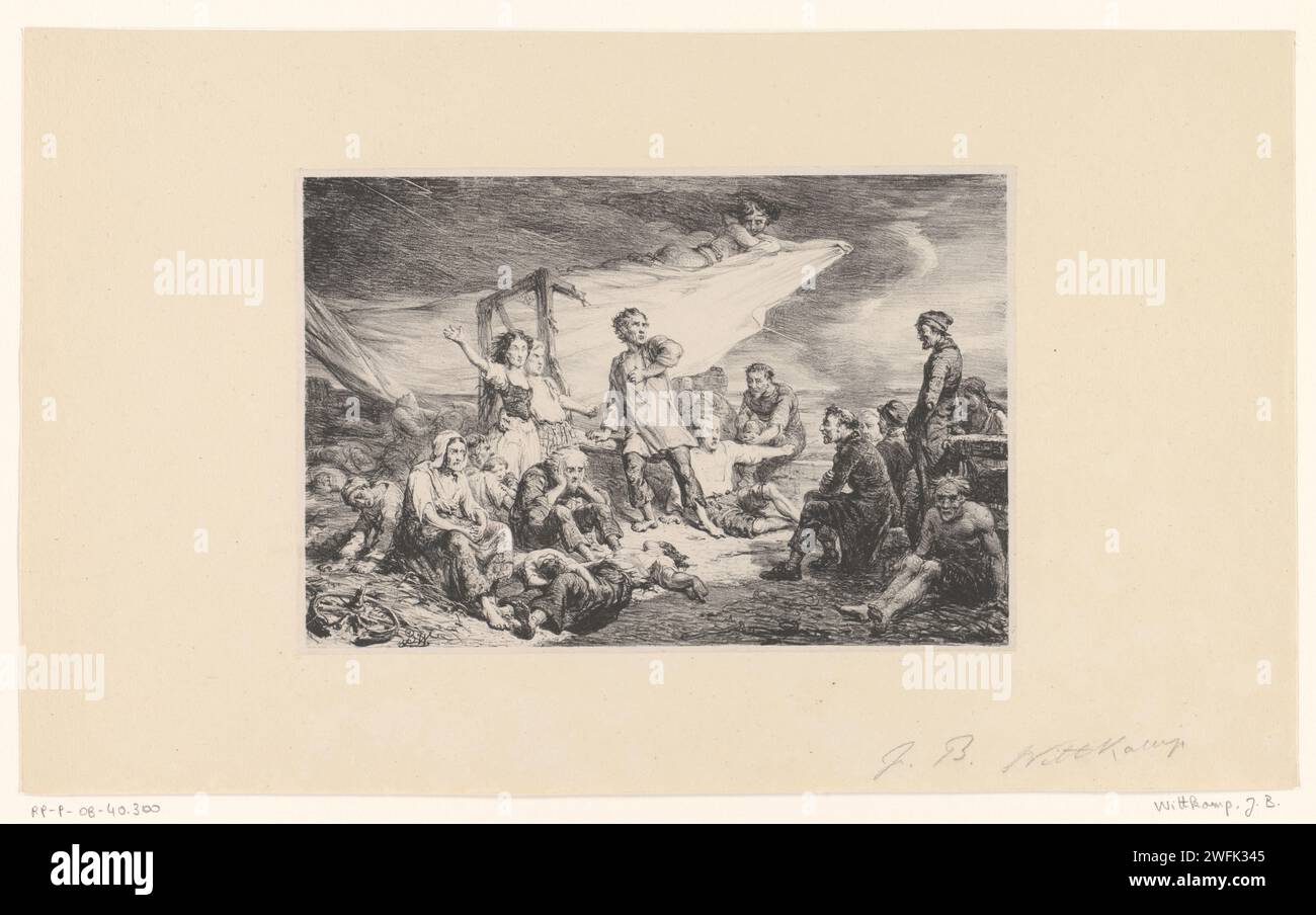 Devil above a group of dying, Johan Bernhard Wittkamp, 1847 - 1883 print A devil covers a group of people with a white death rug.  paper.  devil(s) and demons. death of human being Stock Photo
