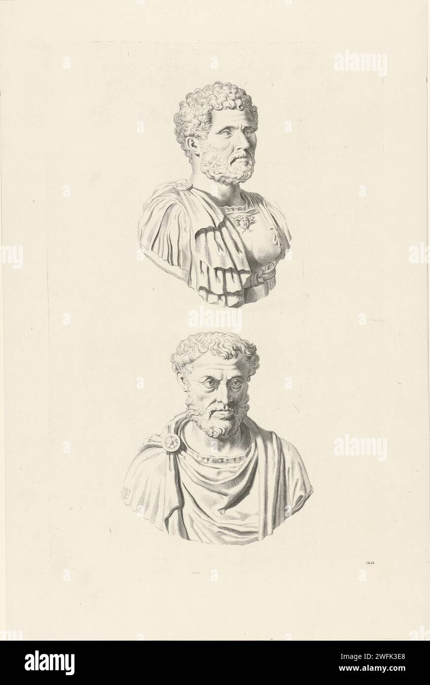 Bustes van Pupienus en Balbinus, Theodor Matham, 1640 print Two busts from Romans. Above the bust of Keizer Pupienus and below possibly Emperor Balbinus. Print from a publication with reproduction prints to the sculptures in the collection in the Galleria Giustiniani in Rome.  paper engraving piece of sculpture, reproduction of a piece of sculpture Stock Photo