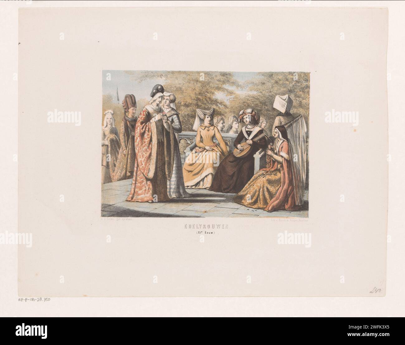 Edelvrouwen in the fifteenth century, David van der Kellen (1827-1895), 1859 - 1864 print The red women are outside. On the right is a woman with a flower wreath and a pointed hat with drag. She receives a woman with a flower addressed by another woman. A woman with a maid is waiting behind it. Haarlem paper  nobility and patriciate; chivalry, knighthood. audition; ruler giving audience - BB - female ruler. lute, and special forms of lute, e.g.: theorbo. cut flowers; nosegay, bunch of flowers. garland, wreath Stock Photo