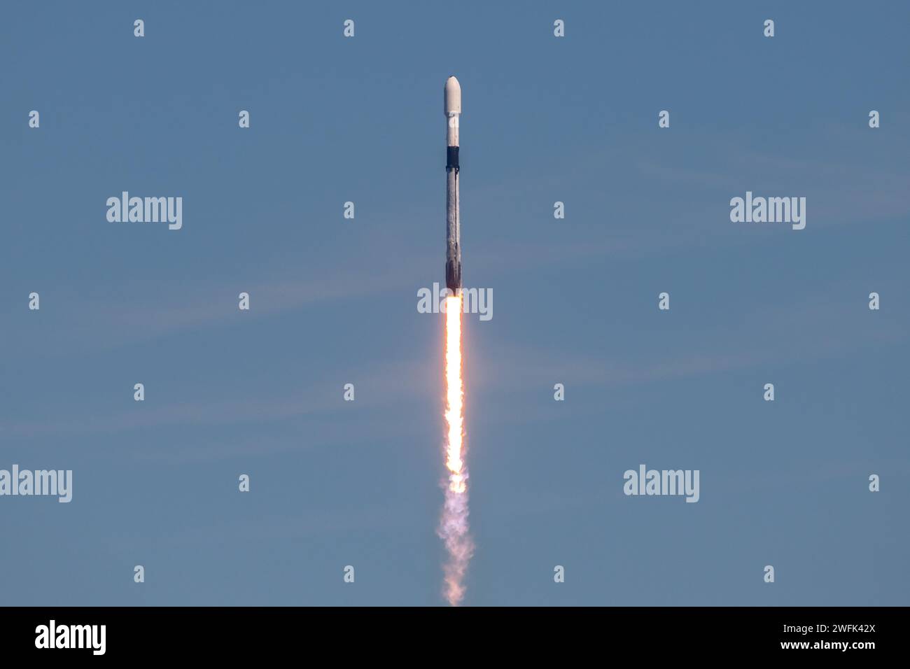 Cape Canaveral, United States of America. 30 January, 2024. A SpaceX Falcon 9 rocket blasts into space carrying the Northrop Grumman Cygnus unmanned Commercial Resupply Services mission from Space Launch Complex 40 at Cape Canaveral Space Force Station, January 30, 2024 in Cape Canaveral, Florida. The spacecraft is carrying 8,200 pounds of science investigations, supplies, and equipment to the International Space Station. Credit: Joshua Conti/US Space Force/Alamy Live News Stock Photo