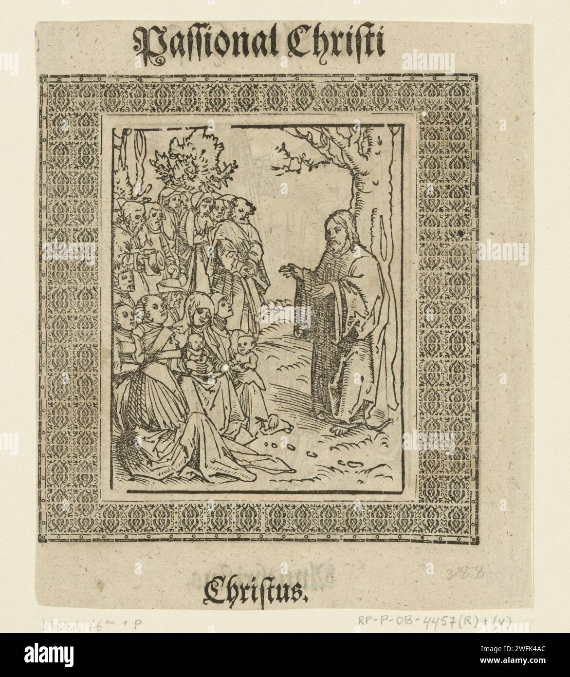 Christ preached, Lucas Cranach (I), 1521 - 1522 print Christ preaches for a group of men and women with children, the apostles are in the background. Book illustration with rectangular frame with fine ornaments. This print is printed with multiple logs. Above the show is half a title of the edition: Passional Christi [und Antichristi]. Below the image is the word Christ Wittenberg paper  Christ preaching or teaching (in general) Stock Photo