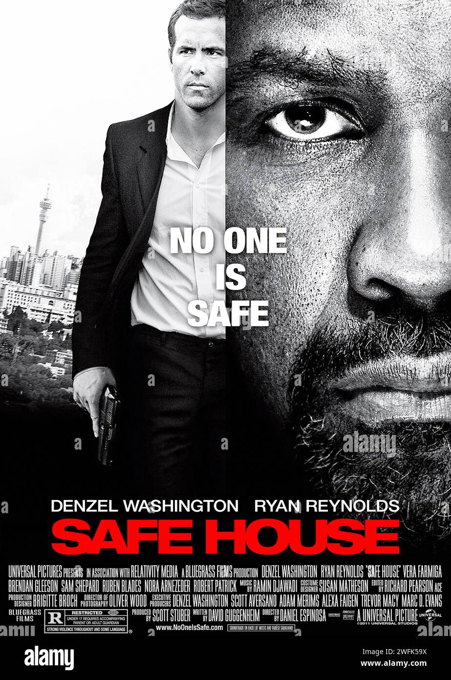 Safe House (2012) directed by Daniel Espinosa and starring Denzel Washington, Ryan Reynolds and Robert Patrick. A young CIA agent is tasked with looking after a fugitive in a safe house. But when the safe house is attacked, he finds himself on the run with his charge. US one sheet poster ***EDITORIAL USE ONLY***. Credit: BFA / Universal Pictures Stock Photo