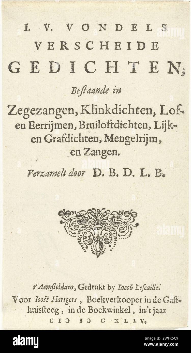 Title and title vignette with flower Ornaments, Cornelis van Dalen (I) (Rejected Attribution), 1644 text sheet  Amsterdam paper engraving / letterpress printing Stock Photo