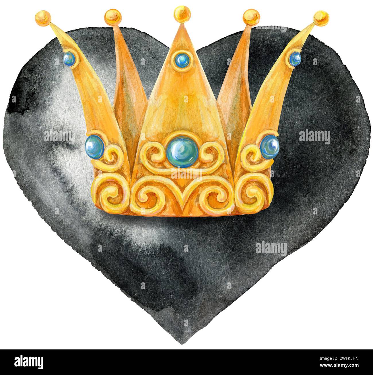 Watercolor black heart with golden crown, painted by hand Stock Photo