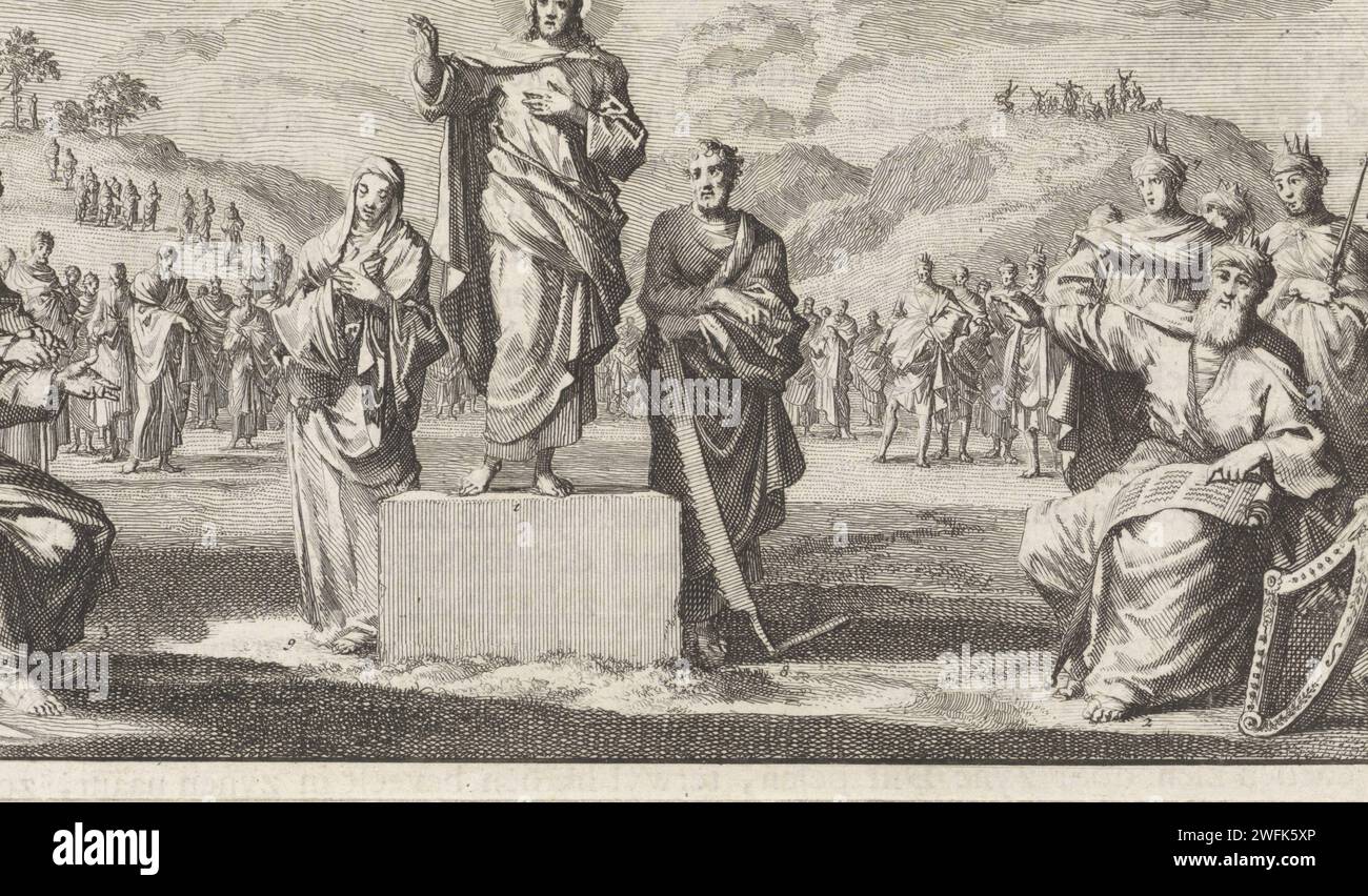 Christ on a pedestal with his forefathers, Jan Luyken, 1700 print In the middle Christ is on a pedestal. He makes a blessing gesture. Joseph and Maria left and right. On the left the three patriarchs: Abraham, Isaac and Jakob. On the right the kings of Israel, with King David in front. In the background on the left Adam and Eva in paradise and in the background on the right the Ascension of Christ. Different figures are numbered. Amsterdam paper etching Holy Family with others, e.g.: Anna. the three patriarchs together: Abraham, Isaac, Jacob (not in biblical context). David (not in biblical co Stock Photo