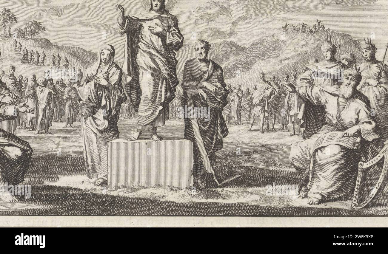 Christ on a pedestal with his forefathers, Jan Luyken, 1700 print In the middle Christ is on a