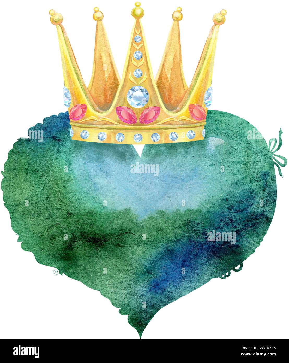 Watercolor dark green heart with golden crown, painted by hand Stock Photo
