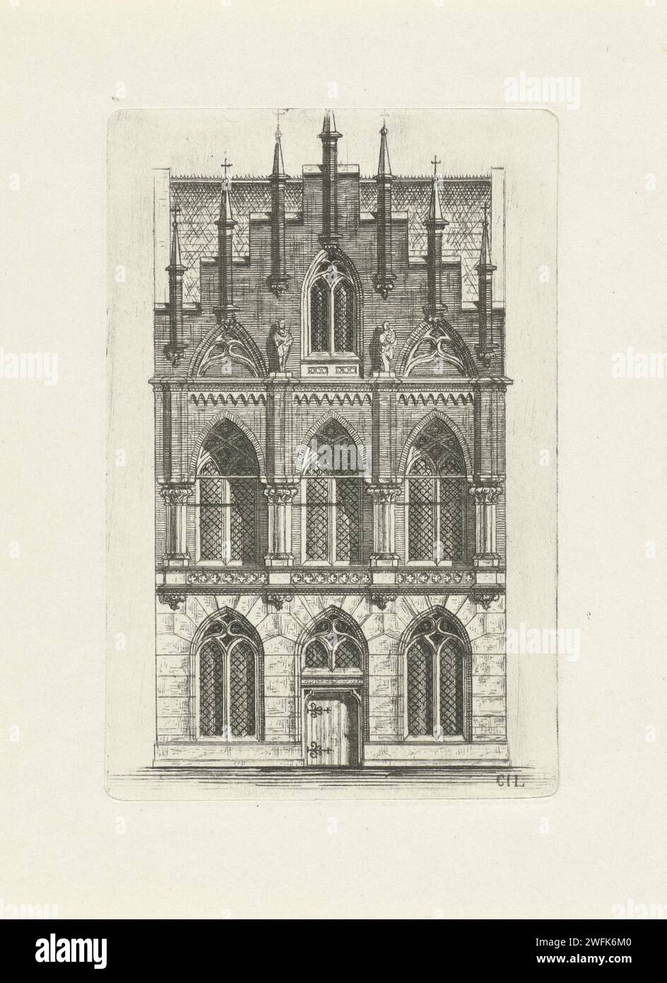 Gothic facade with seven pinnacles, Front view of a gothic house with seven pinnacles., architecture (Gothic art), Cornelis Johan Laarman (mentioned on object), 1854 - 1889, paper, etching, h 71 mm × Gothic facade with seven pinnacles, Front view of a gothic house with seven pinnacles., architecture (Gothic art), Cornelis Johan Laarman (mentioned on object), 1854 - 1889, paper, etching, h 71 mm ×