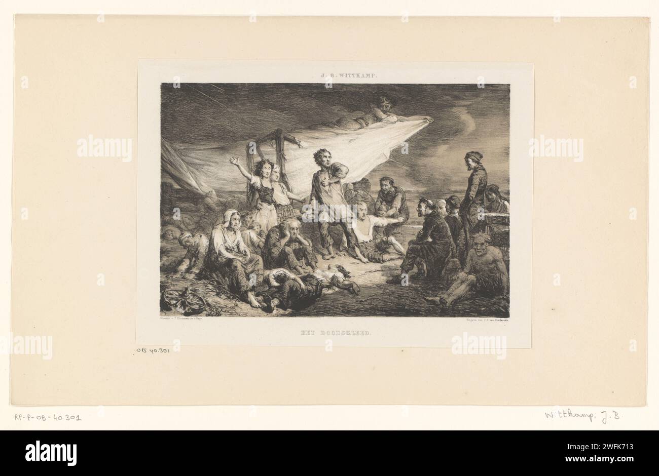 Devil above a group of dying, Johan Bernhard Wittkamp, 1847 - 1883 print A devil covers a group of people with a white death rug. The Hague paper  devil(s) and demons. death of human being Stock Photo