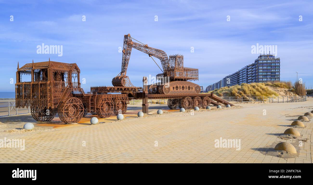 Caterpillar + Flatbed Trailer, artwork by Belgian neo-conceptual artist Wim Delvoye at seaside resort Westende, Middelkerke, West Flanders, Belgium Stock Photo