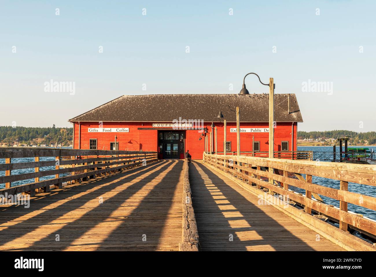 A horizontal photo of the historic wharf in the rural town of Coupeville on Whidbey Island, Washington State