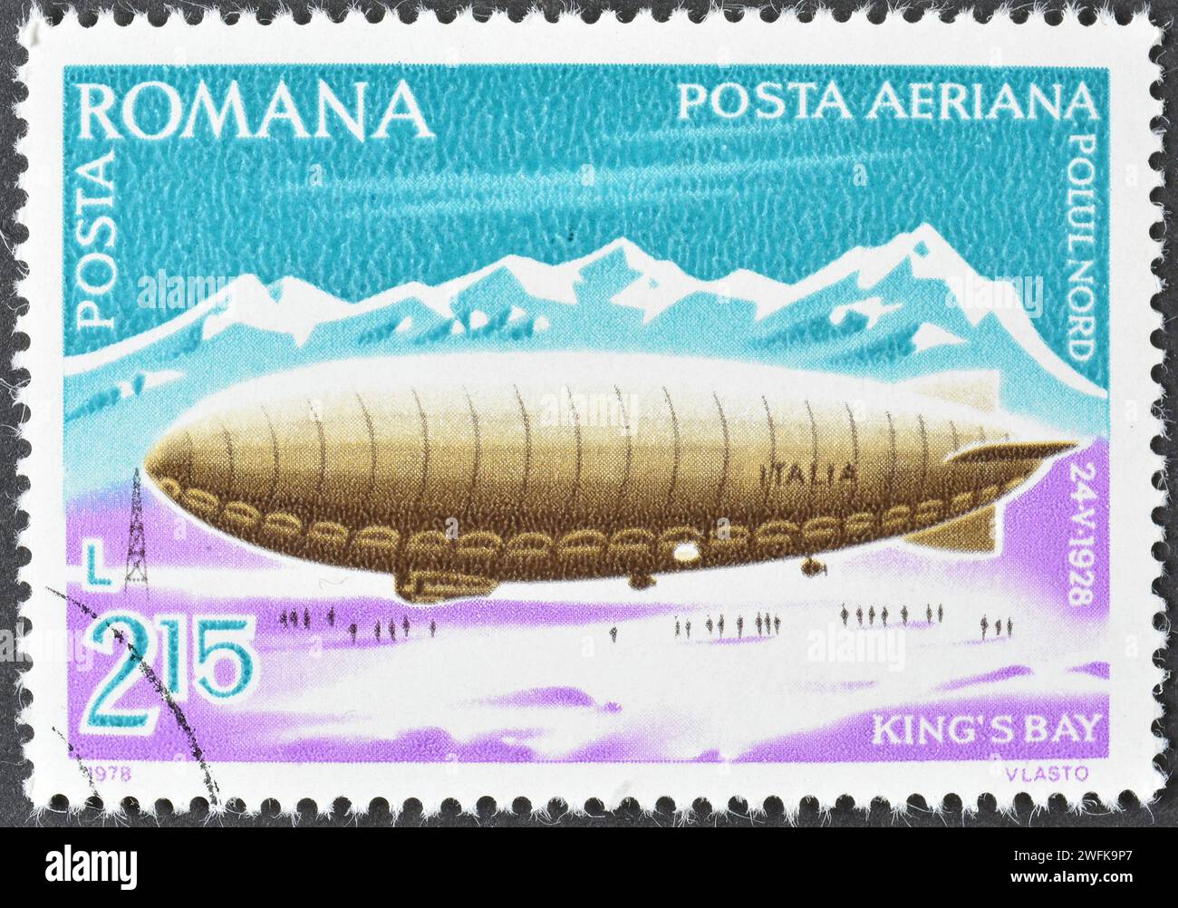 Cancelled postage stamp printed by Romania, that shows Zeppelin N.4 'Italia' at North Pole, circa 1978. Stock Photo