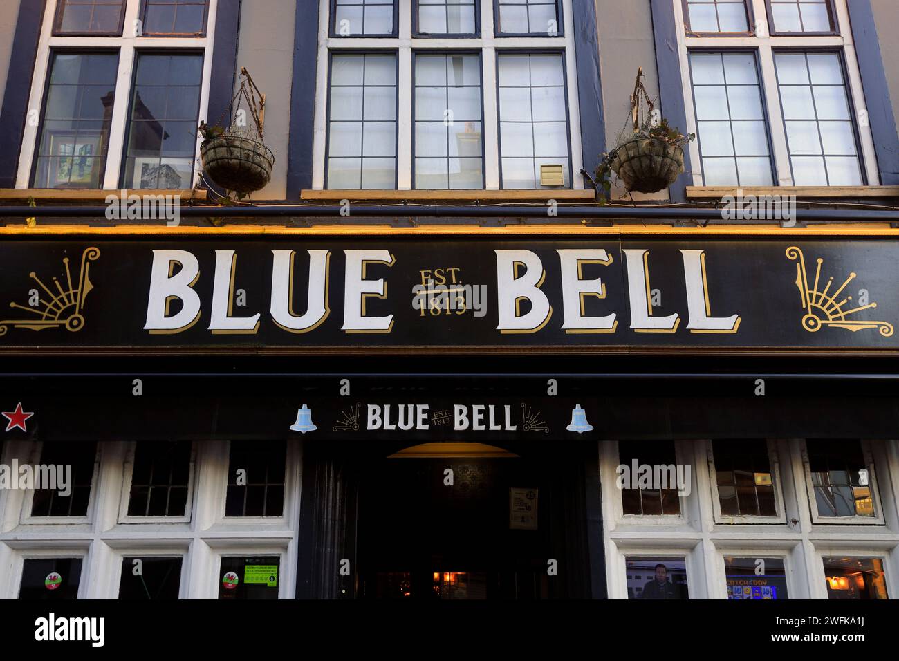 Sign for Blue Bell public house, High Street, Cardiff. Taken winter 2024, January. Previously know as The Goat Major. Stock Photo