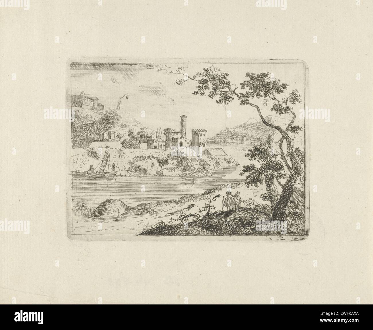 River view with fortress, Pieter Langendijk (I), 1693 - 1756 print View on a river, across the street there is a fortress on the bank.  paper etching river - HH - ideal landscapes. fortress Stock Photo