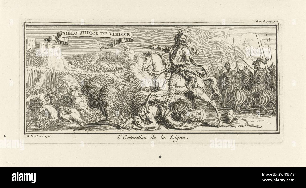 Removal of the Holy League, Bernard Picart (workshop or), After Bernard Picart, 1720 print A rider in harness with commandostaf in his hand tramples the Personified Holy League. In the background the siege of a city. At the top left on a banderole a motto in Latin. At the top right marked: Tom. 6 p. 306. Amsterdam paper etching / engraving knight. siege. alliance, league, union, foedus Stock Photo