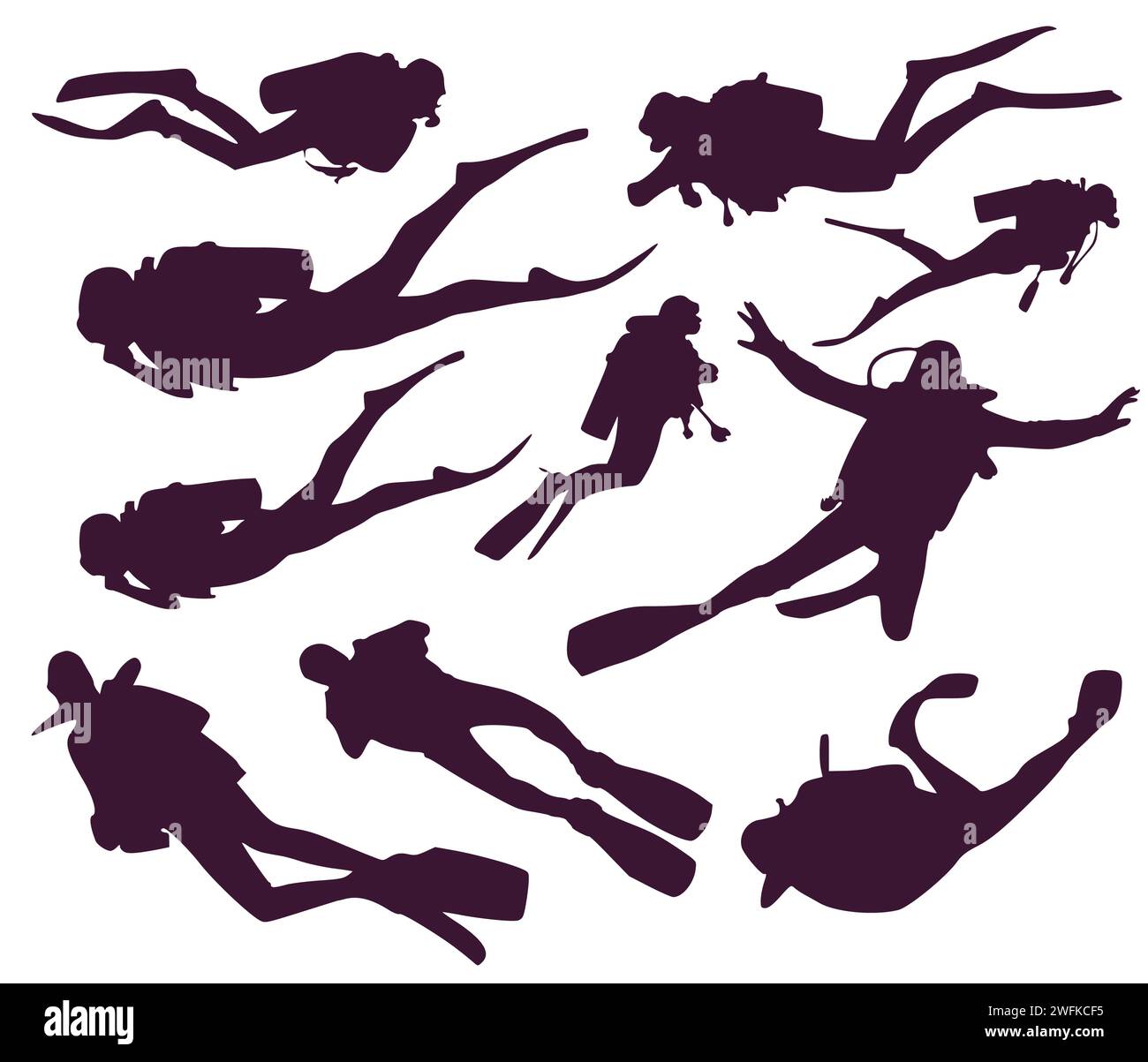 Set of silhouettes of divers floating at depth in the sea Stock Vector ...