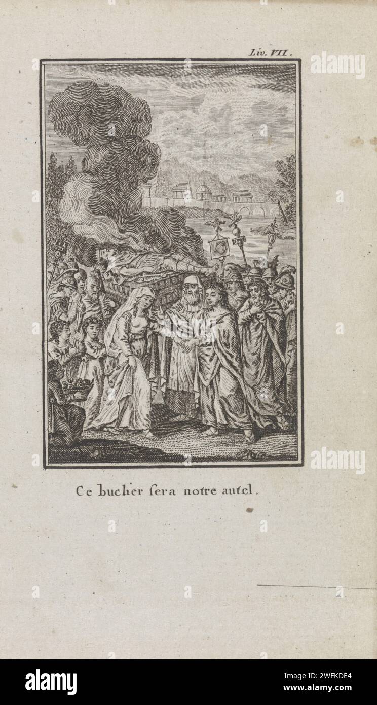 Begrafenis Van Tatius, Henri-Joseph Godin, 1790 print Titus Tatius, the king of the Sabines, is cremated on a stake. His troops are grieving around the fire. Numa comfort his daughter Tatia. In the background Rome. With a French caption. print maker: Luikpublisher: Brussels paper engraving / letterpress printing male literary characters (with NAME). body-burning, cremation. male literary characters (with NAME) Rome Stock Photo