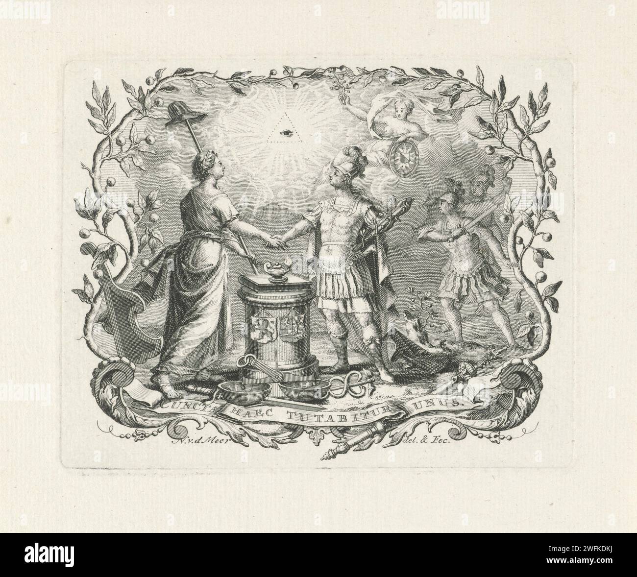 Emblem with Freedom and Mars, Noah van der Meer (I), 1724 - 1769 print With an altar column under the all -seeing eye of God, freedom and march shake hands. At their feet are the attributes of justice and a caduceus. On the clouds, peace appears with olive branch and the coat of arms of Utrecht University. Leiden paper etching / engraving Freedom, Liberty; 'Libertà' (Ripa). (story of) Mars (Ares). symbols, allegories of peace, 'Pax'; 'Pace' (Ripa). the all-seeing eye, triangle with eye  symbol of God the Father Stock Photo