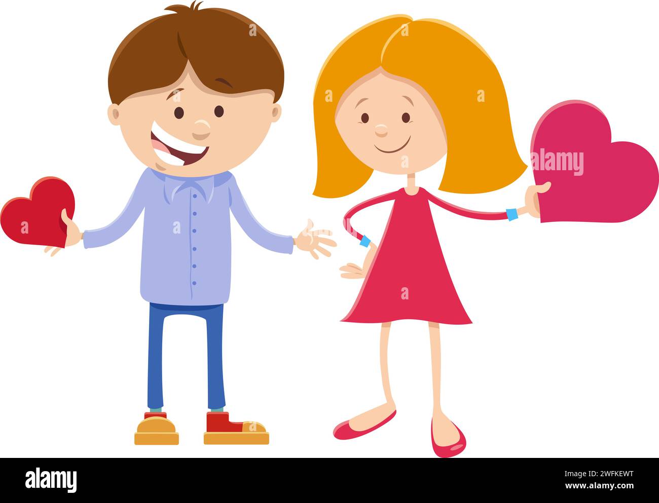 Cartoon illustration with girl and boy characters with Valentines Day ...