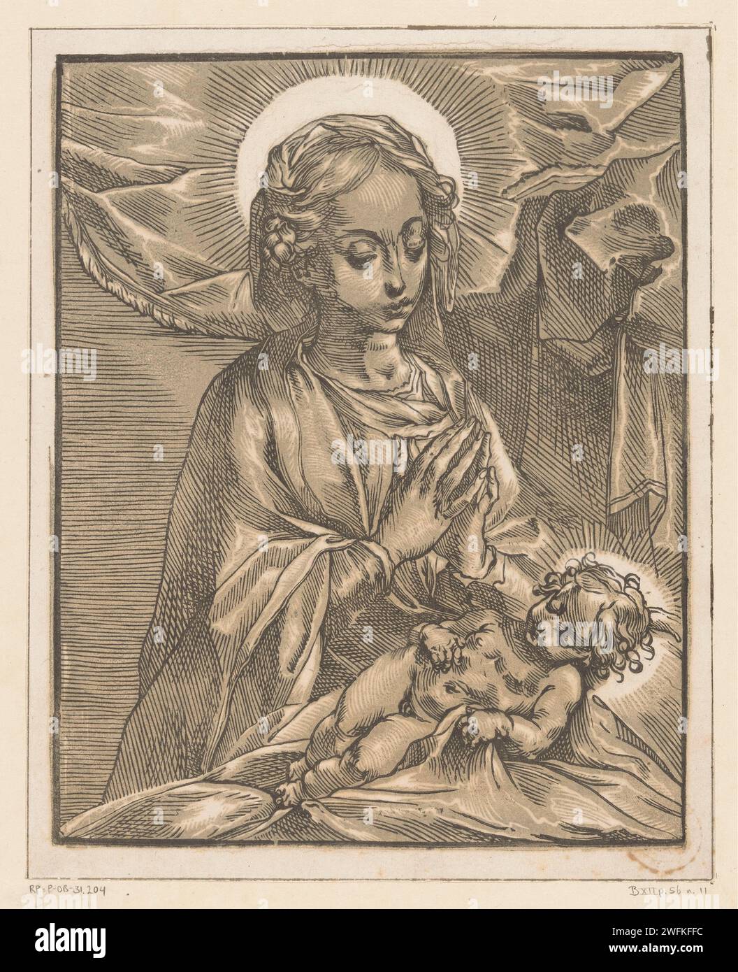 Maria adores the Christkind, Andrea Andreani, Anonymous, After Francesco Vanni, c. 1595 print Maria adores the reclining Christ child. Italy paper  Mary kneeling (on the ground), the Christ-child lying in front of her Stock Photo