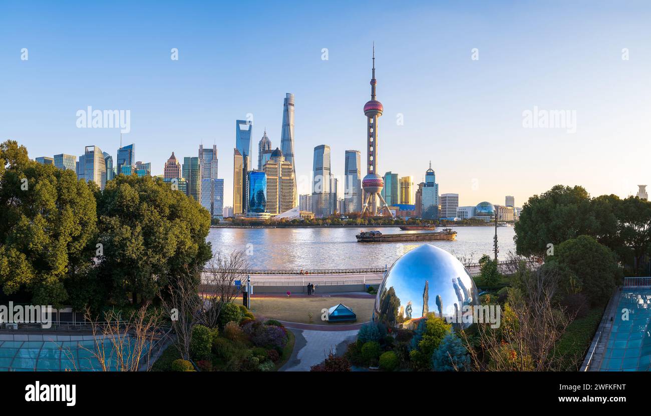 Shanghai North Bund new landmark photogenic spot at sunset, where the skyline transforms into a mesmerizing tapestry of colors, blending modern archit Stock Photo