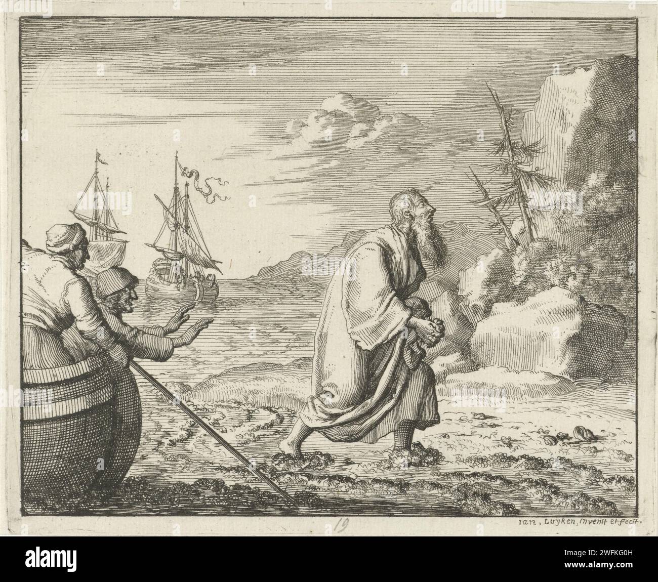 Johannes de Evangelist exiled to Patmos, Jan Luyken, 1685 print
