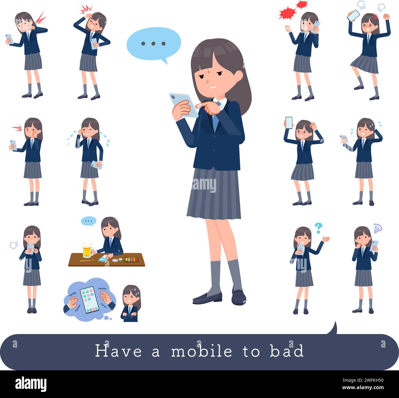 A set of navy blazer student women to Unhappy using a smartphone.It's vector art so easy to edit. Stock Vector