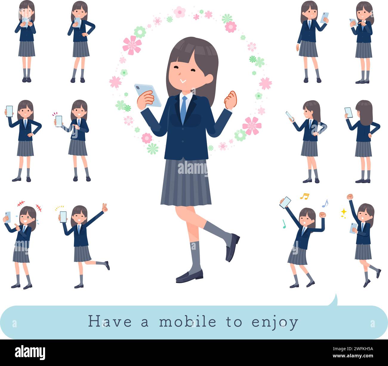 A set of navy blazer student women to enjoy using a smartphone.It's vector art so easy to edit. Stock Vector
