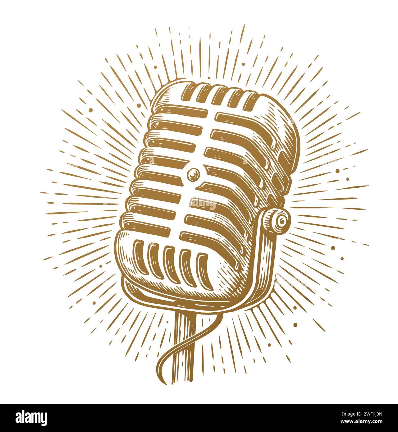 Vintage microphone and rays. Recording Mic. Hand drawn retro vector illustration Stock Vector
